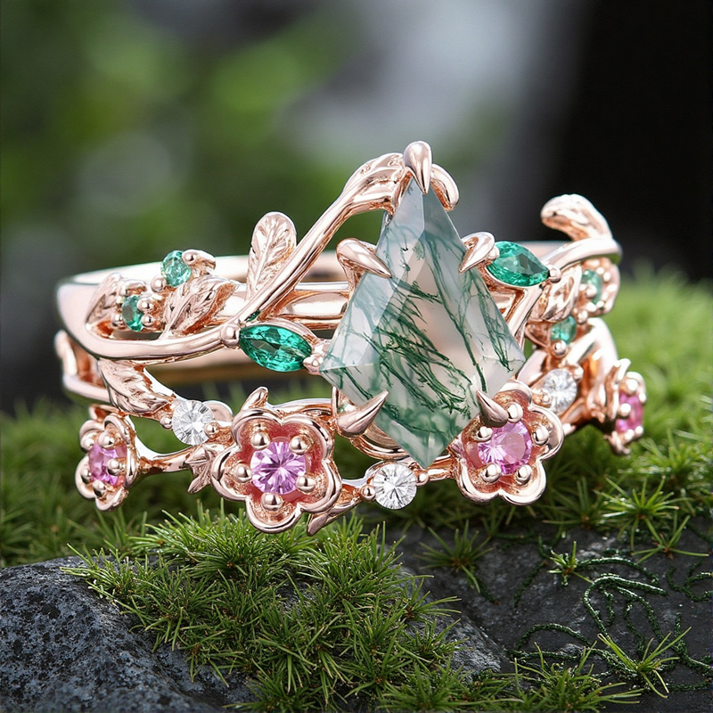 1.545CT Kite Cut Moss Agate & Round Cut Moissanite S925 Silver Nature Inspired Engagement Ring Set