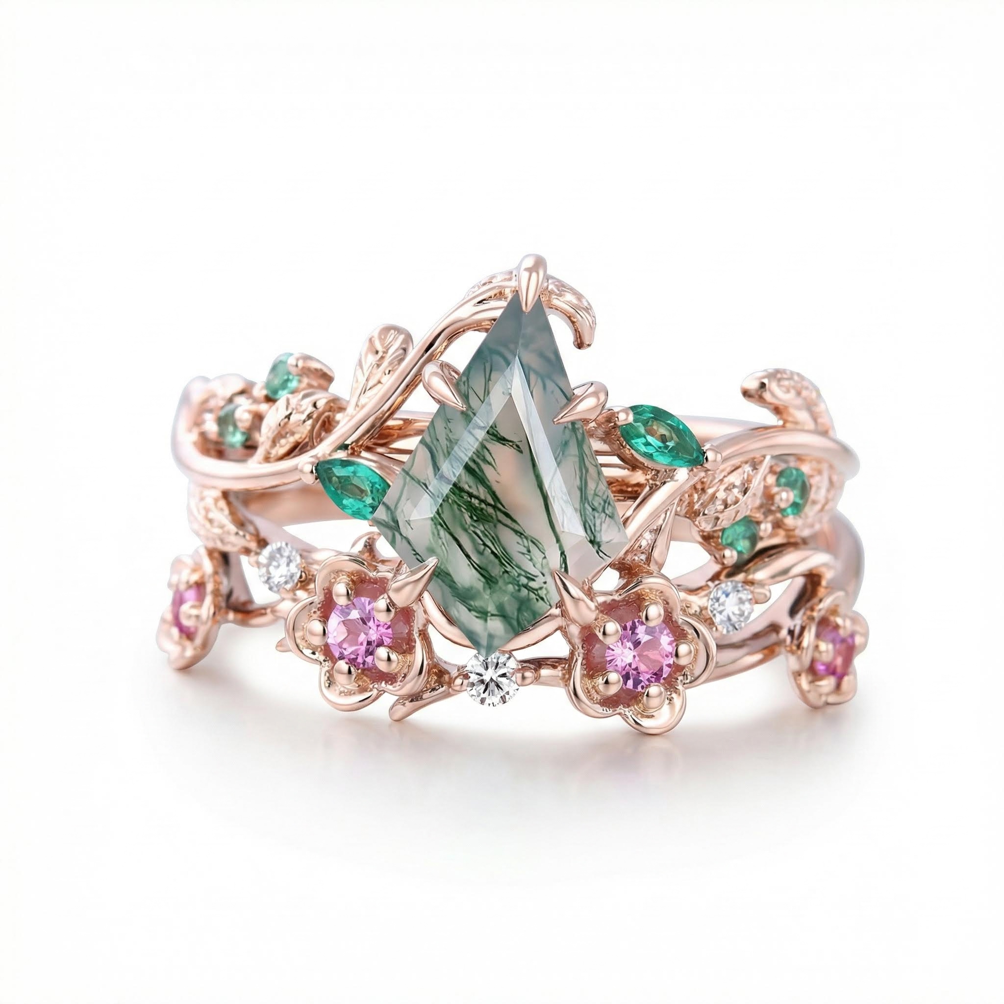 1.545CT Kite Cut Moss Agate & Round Cut Moissanite S925 Silver Nature Inspired Engagement Ring Set