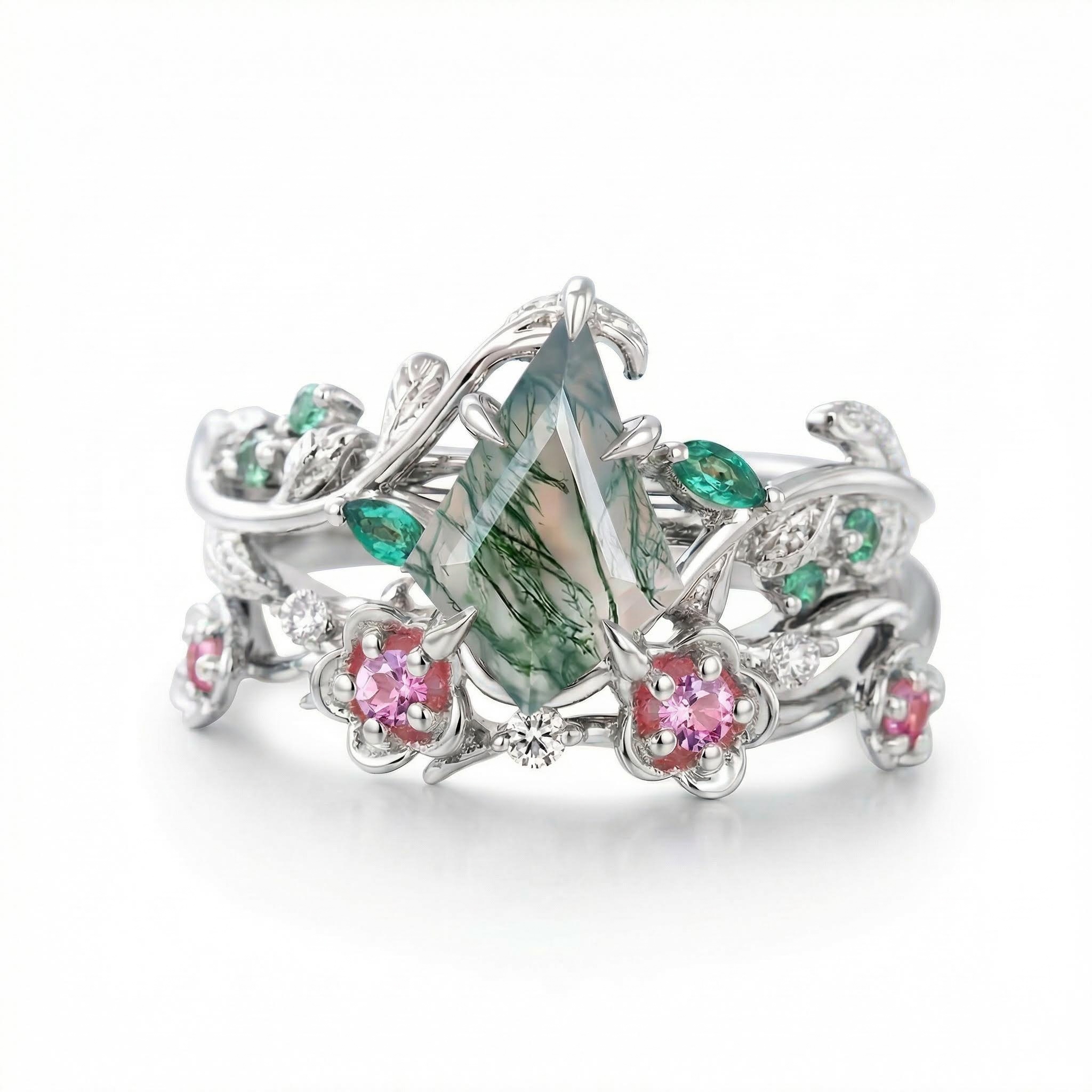 1.545CT Kite Cut Moss Agate & Round Cut Moissanite S925 Silver Nature Inspired Engagement Ring Set
