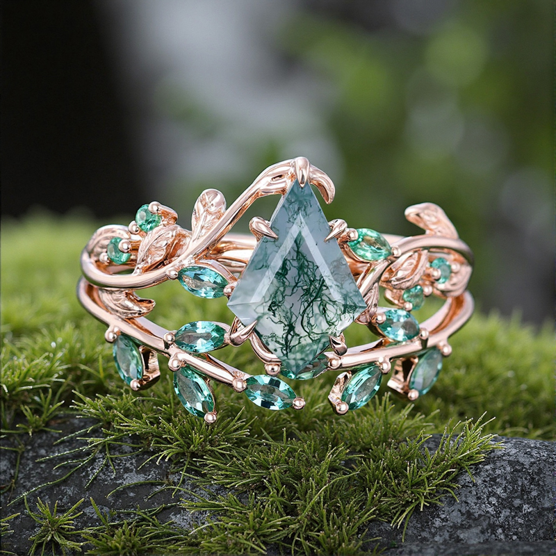 1.59CT Kite Cut Moss Agate Emerald Leaf S925 Silver Engagement Ring Set