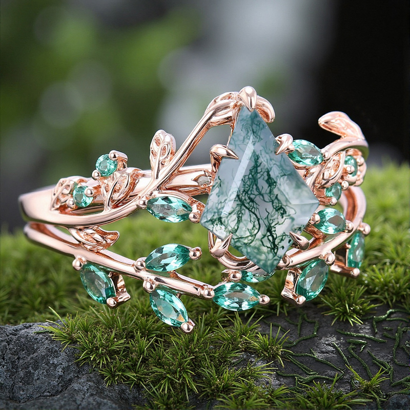 1.59CT Kite Cut Moss Agate Emerald Leaf S925 Silver Engagement Ring Set