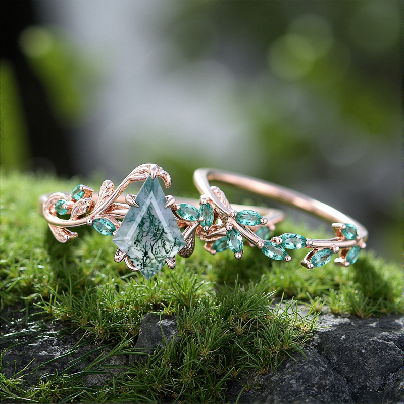 1.59CT Kite Cut Moss Agate Emerald Leaf S925 Silver Engagement Ring Set