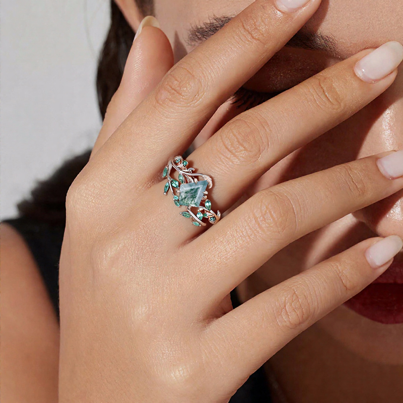 1.59CT Kite Cut Moss Agate Emerald Leaf S925 Silver Engagement Ring Set