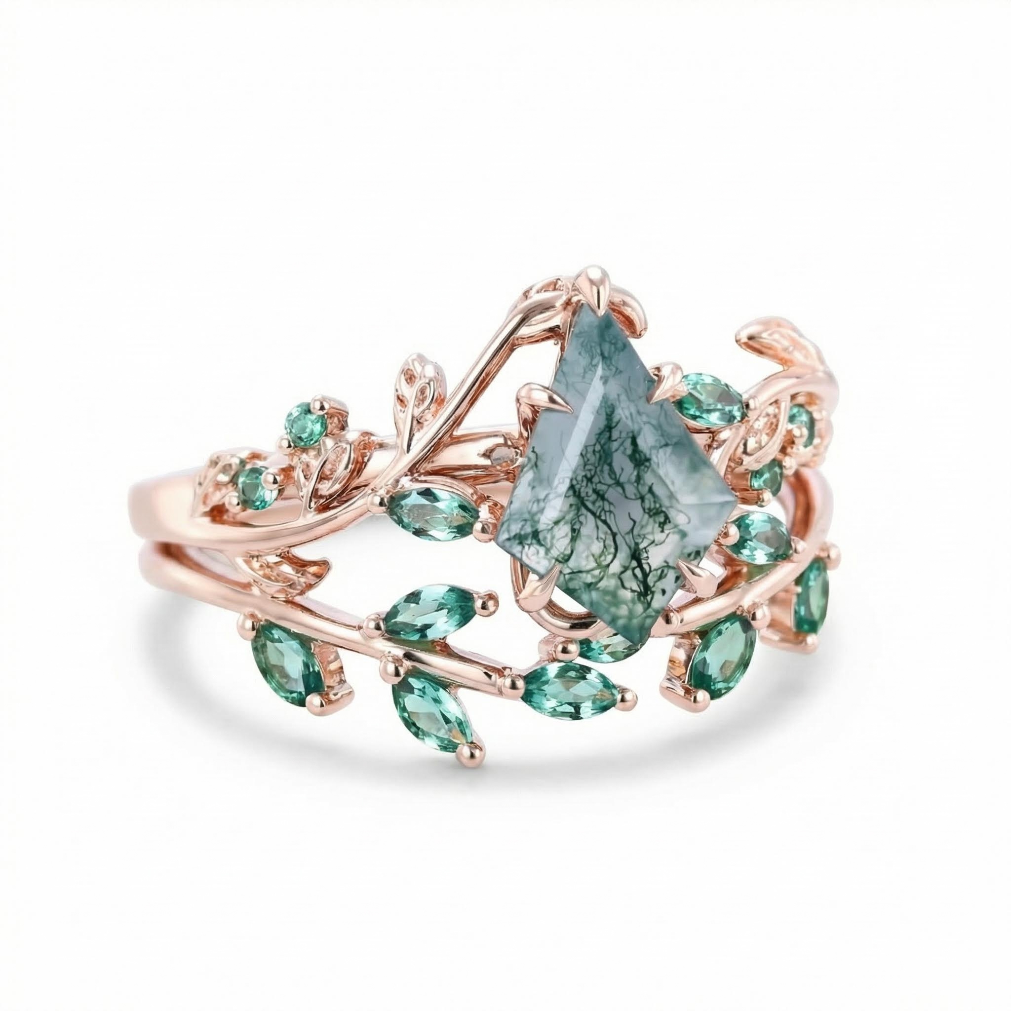 1.59CT Kite Cut Moss Agate Emerald Leaf S925 Silver Engagement Ring Set