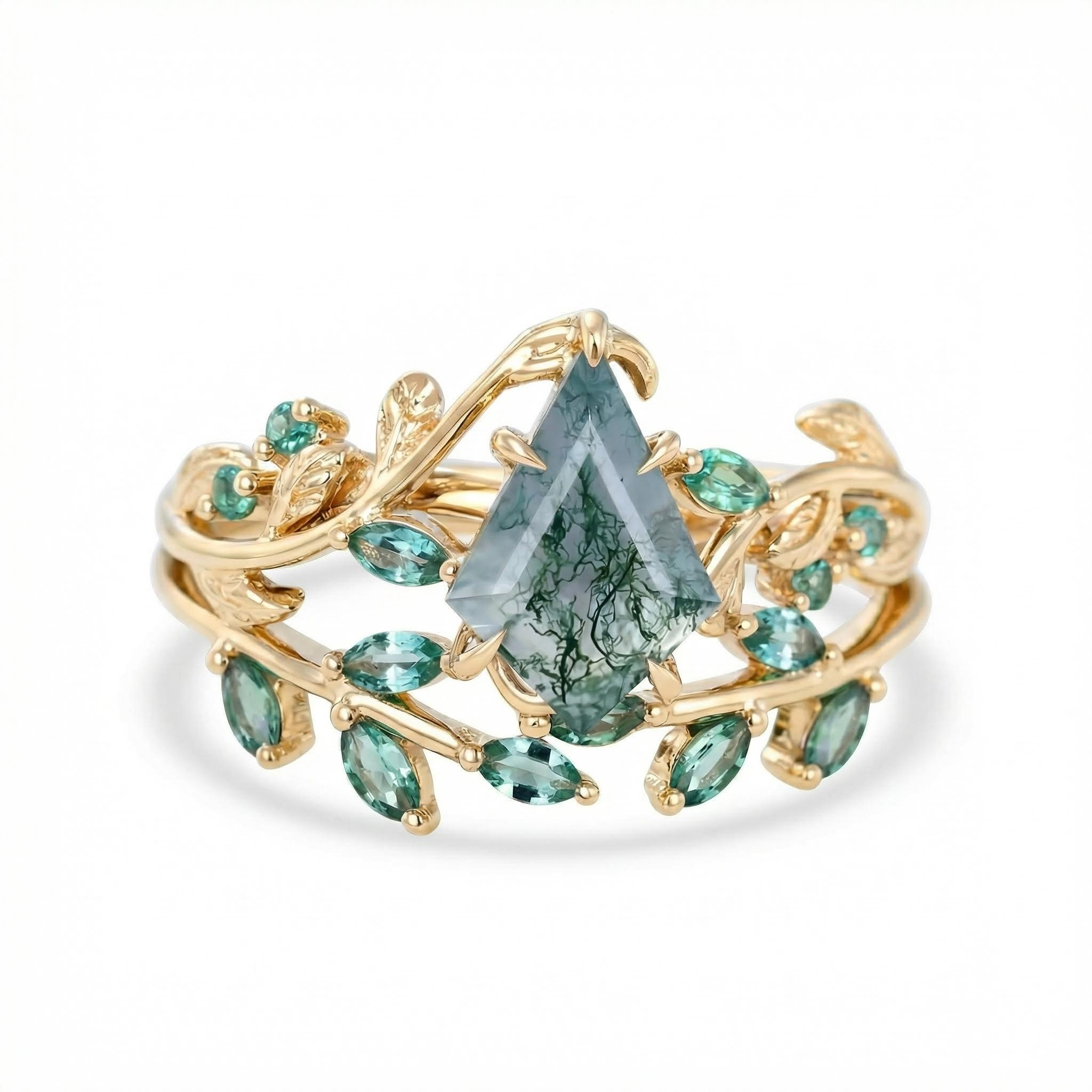 1.59CT Kite Cut Moss Agate Emerald Leaf S925 Silver Engagement Ring Set
