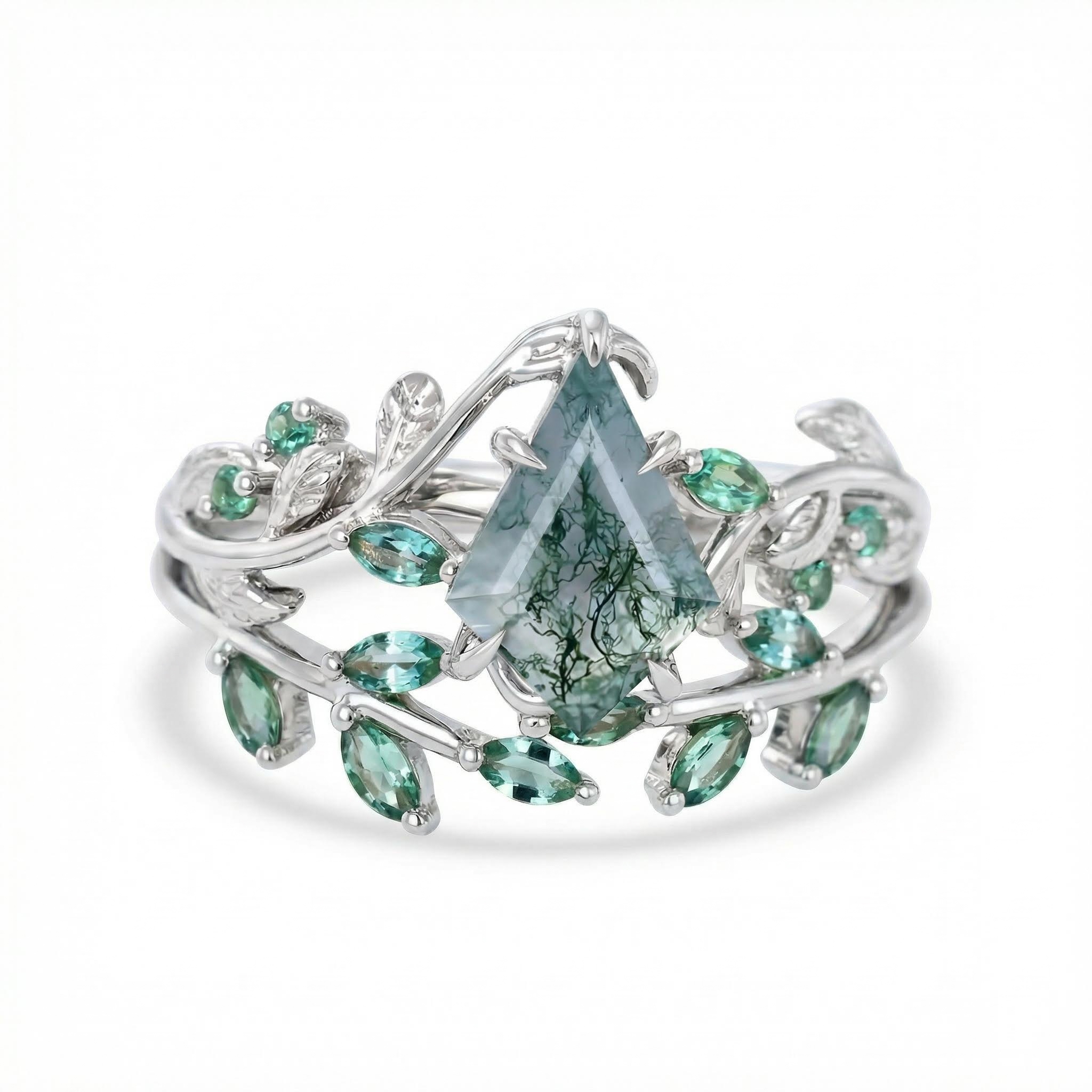 1.59CT Kite Cut Moss Agate Emerald Leaf S925 Silver Engagement Ring Set