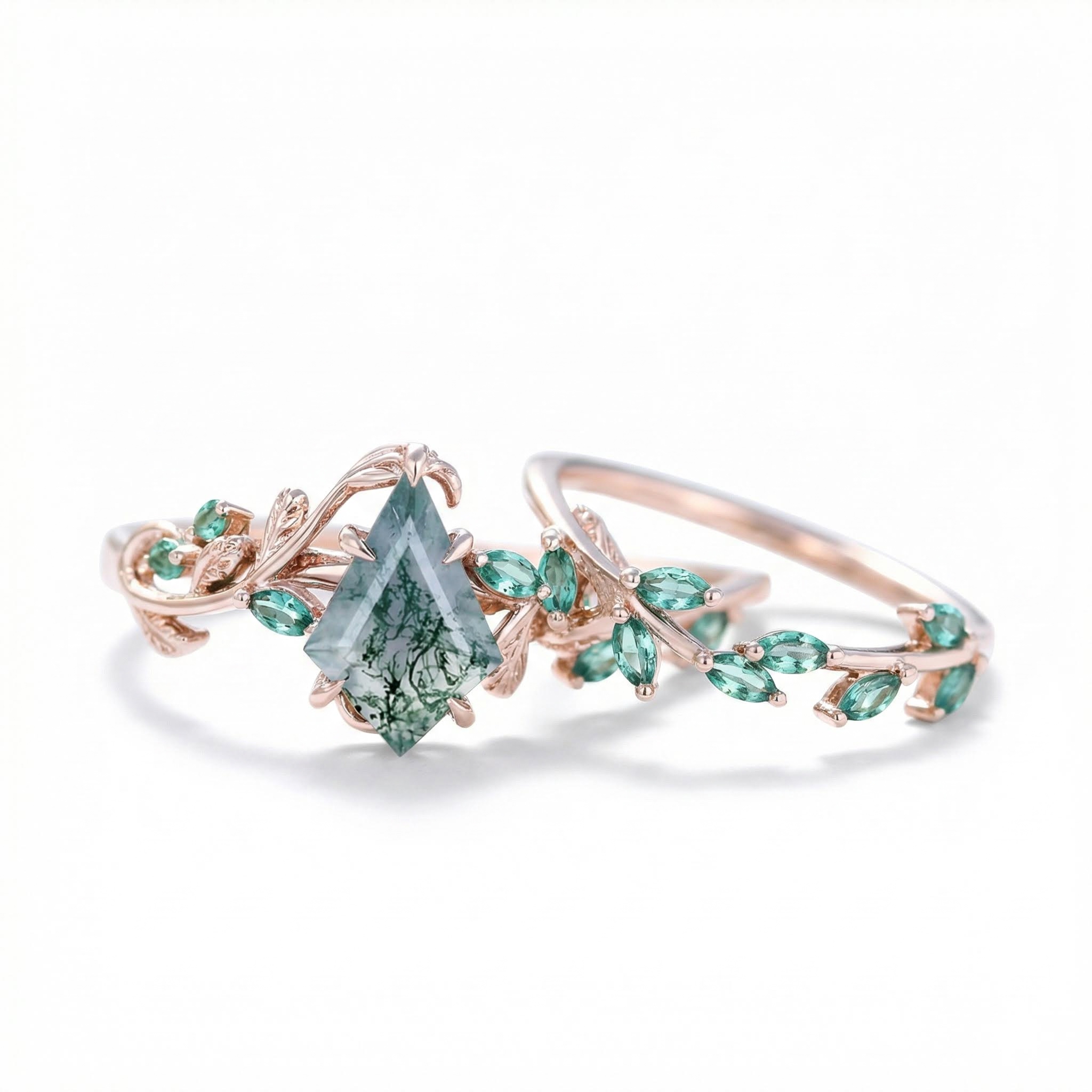 1.59CT Kite Cut Moss Agate Emerald Leaf S925 Silver Engagement Ring Set