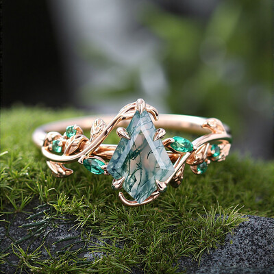 1.38CT Kite Cut Moss Agate & Round Diamond S925 Silver Engagement Ring
