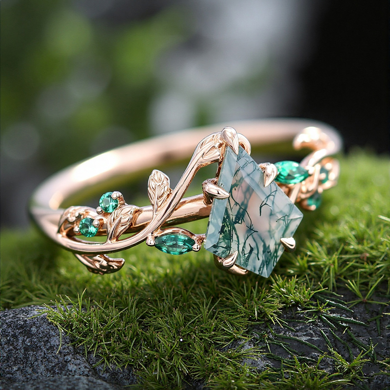 1.38CT Kite Cut Moss Agate Emerald Foliage S925 Silver Engagement Ring