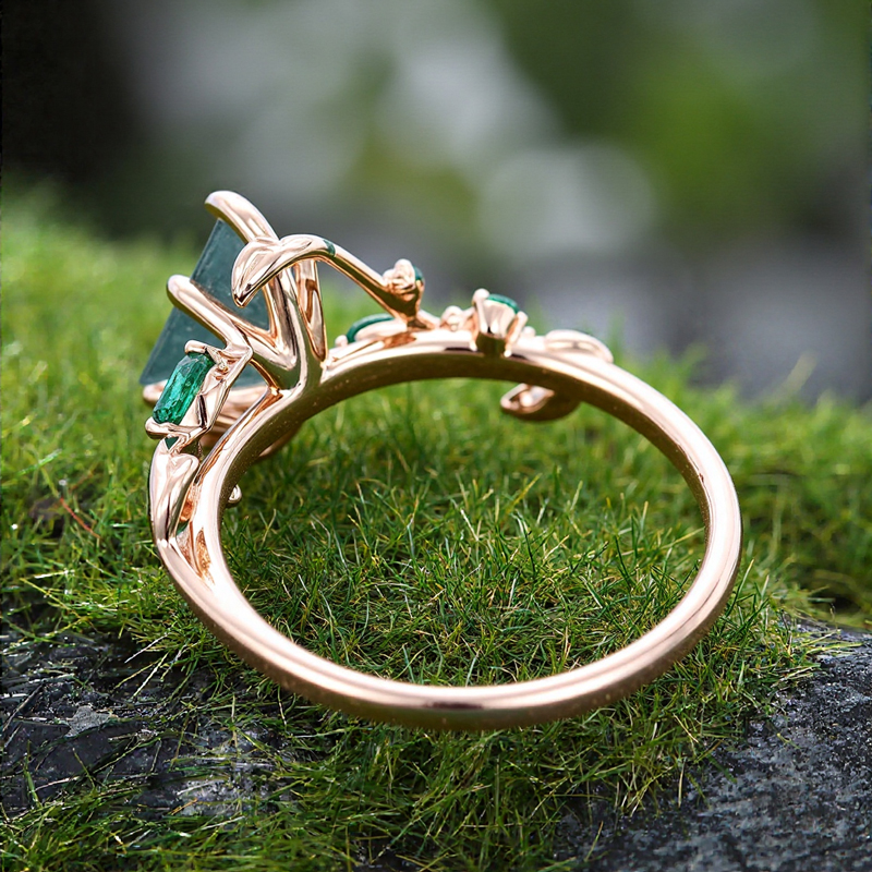 1.38CT Kite Cut Moss Agate Emerald Foliage S925 Silver Engagement Ring