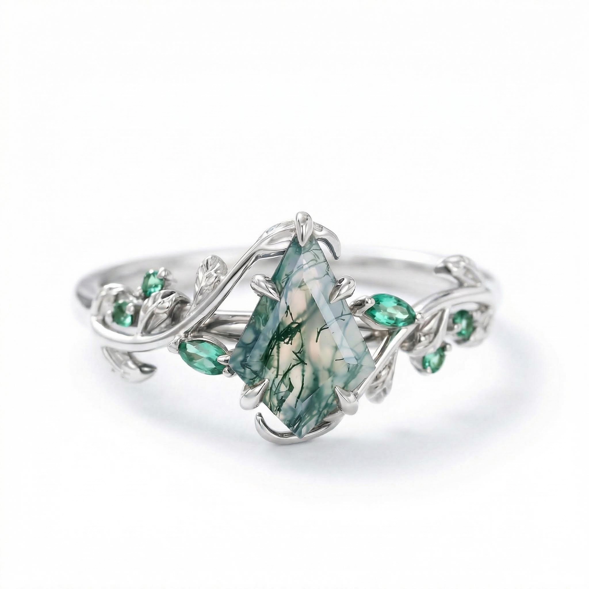 1.38CT Kite Cut Moss Agate Emerald Foliage S925 Silver Engagement Ring