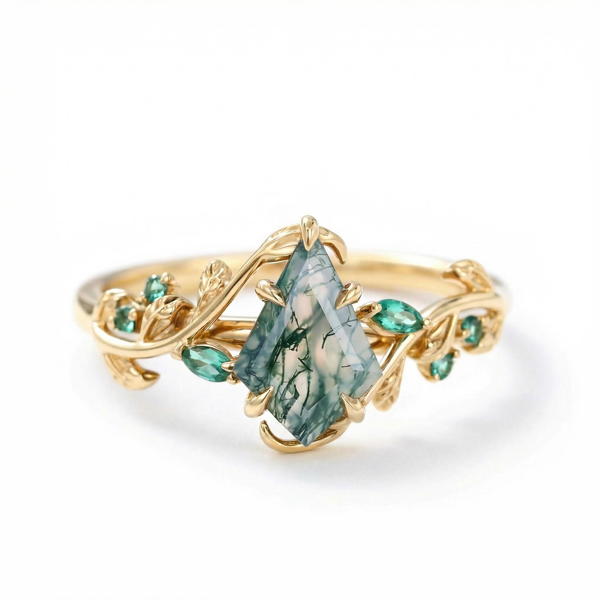 1.38CT Kite Cut Moss Agate Emerald Foliage S925 Silver Engagement Ring