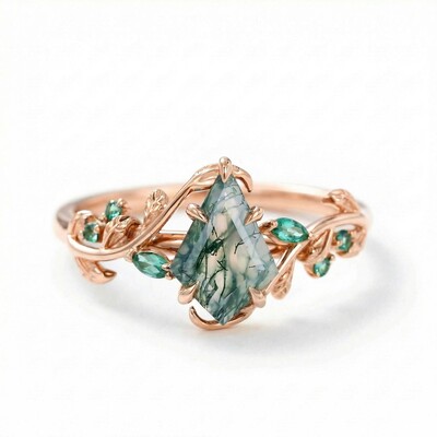 1.38CT Kite Cut Moss Agate Emerald Foliage S925 Silver Engagement Ring