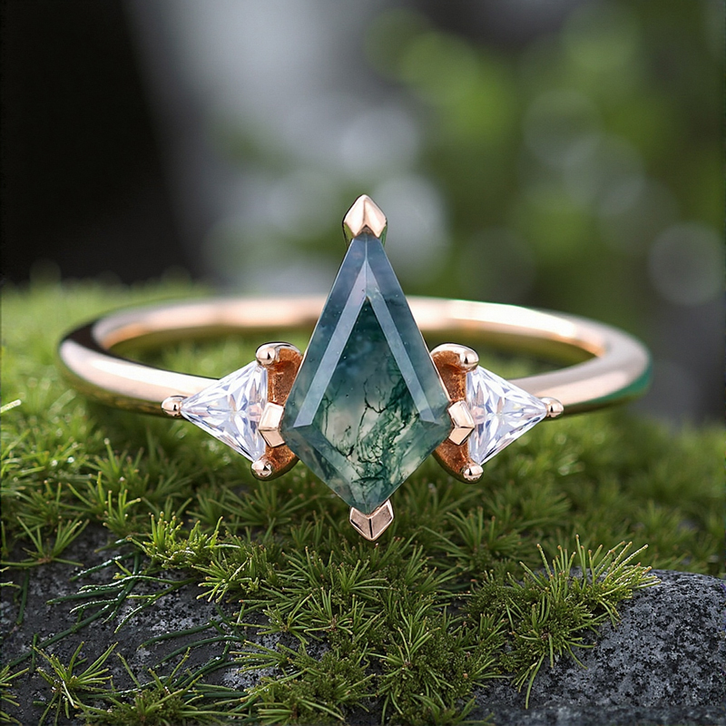 1.66CT Kite Cut Moss Agate & Triangular Cut Moissanite S925 Silver Three Stone Engagement Ring