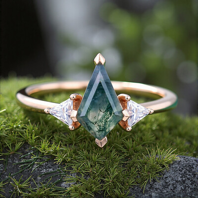 1.66CT Kite Cut Moss Agate & Triangular Cut Moissanite S925 Silver Engagement Ring
