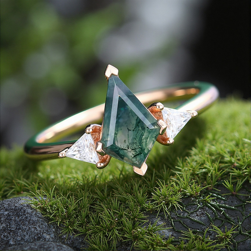 1.66CT Kite Cut Moss Agate & Triangular Cut Moissanite S925 Silver Three Stone Engagement Ring
