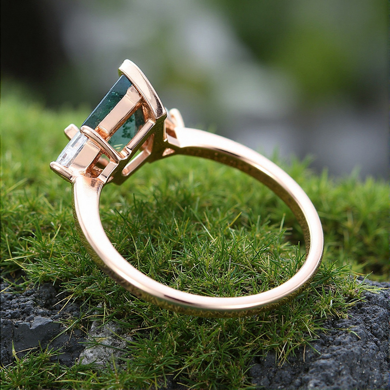 1.66CT Kite Cut Moss Agate & Triangular Cut Moissanite S925 Silver Three Stone Engagement Ring