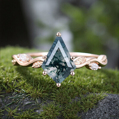 1.32CT Kite Cut Moss Agate & Marquise Cut Moissanite S925 Silver Engagement Ring
