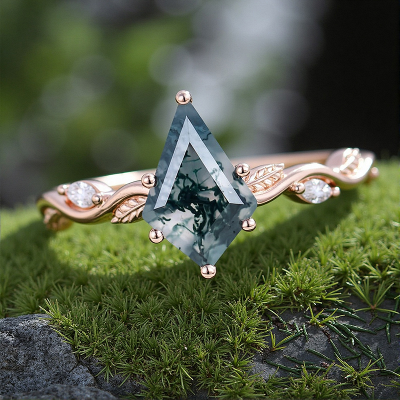 1.32CT Kite Cut Moss Agate Nature Inspired Promise S925 Silver Engagement Ring