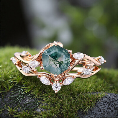 1.33CT Hexagon Moss Agate & Marquise Cut Moissanite S925 Silver Engagement Ring Set