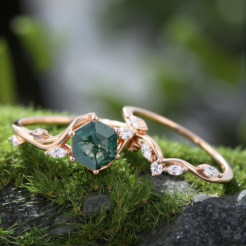 1.33CT Hexagon Moss Agate & Marquise Cut Moissanite S925 Silver Nature Inspired Engagement Ring Set