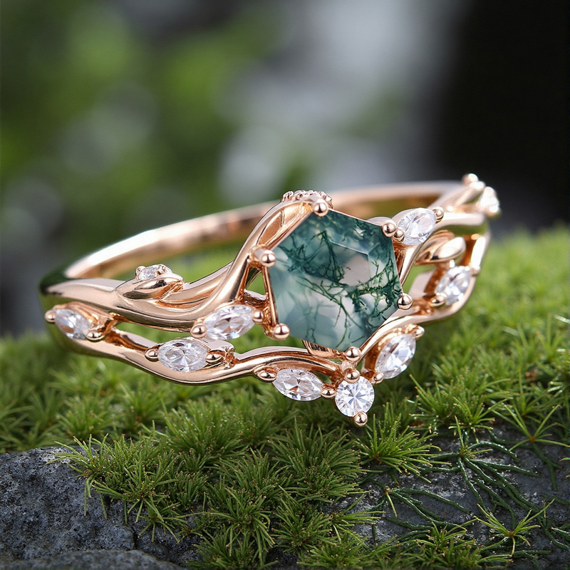 1.33CT Hexagon Moss Agate & Marquise Cut Moissanite S925 Silver Nature Inspired Engagement Ring Set