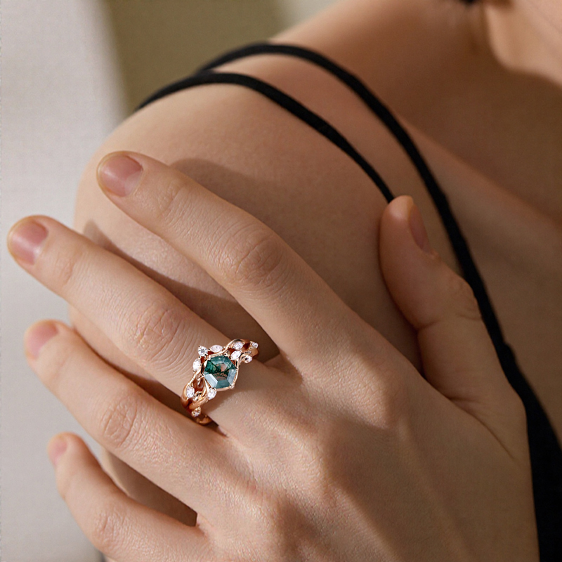 1.33CT Hexagon Moss Agate & Marquise Cut Moissanite S925 Silver Nature Inspired Engagement Ring Set