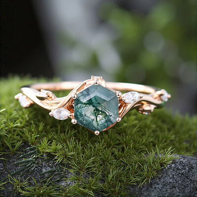 1.12CT Hexagon Moss Agate & Marquise Moissanite S925 Silver Engagement Ring