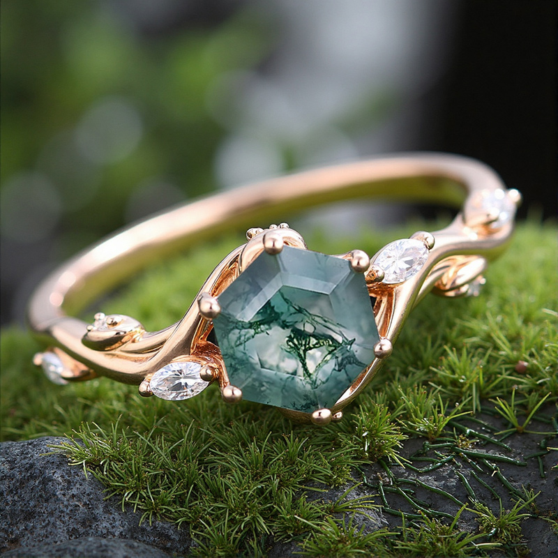 1.12CT Hexagon Moss Agate & Marquise Moissanite Nature Inspired S925 Silver Engagement Ring