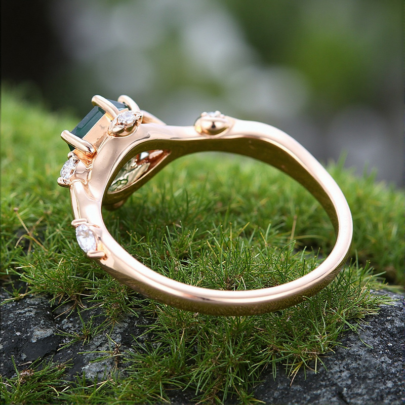 1.12CT Hexagon Moss Agate & Marquise Moissanite Nature Inspired S925 Silver Engagement Ring