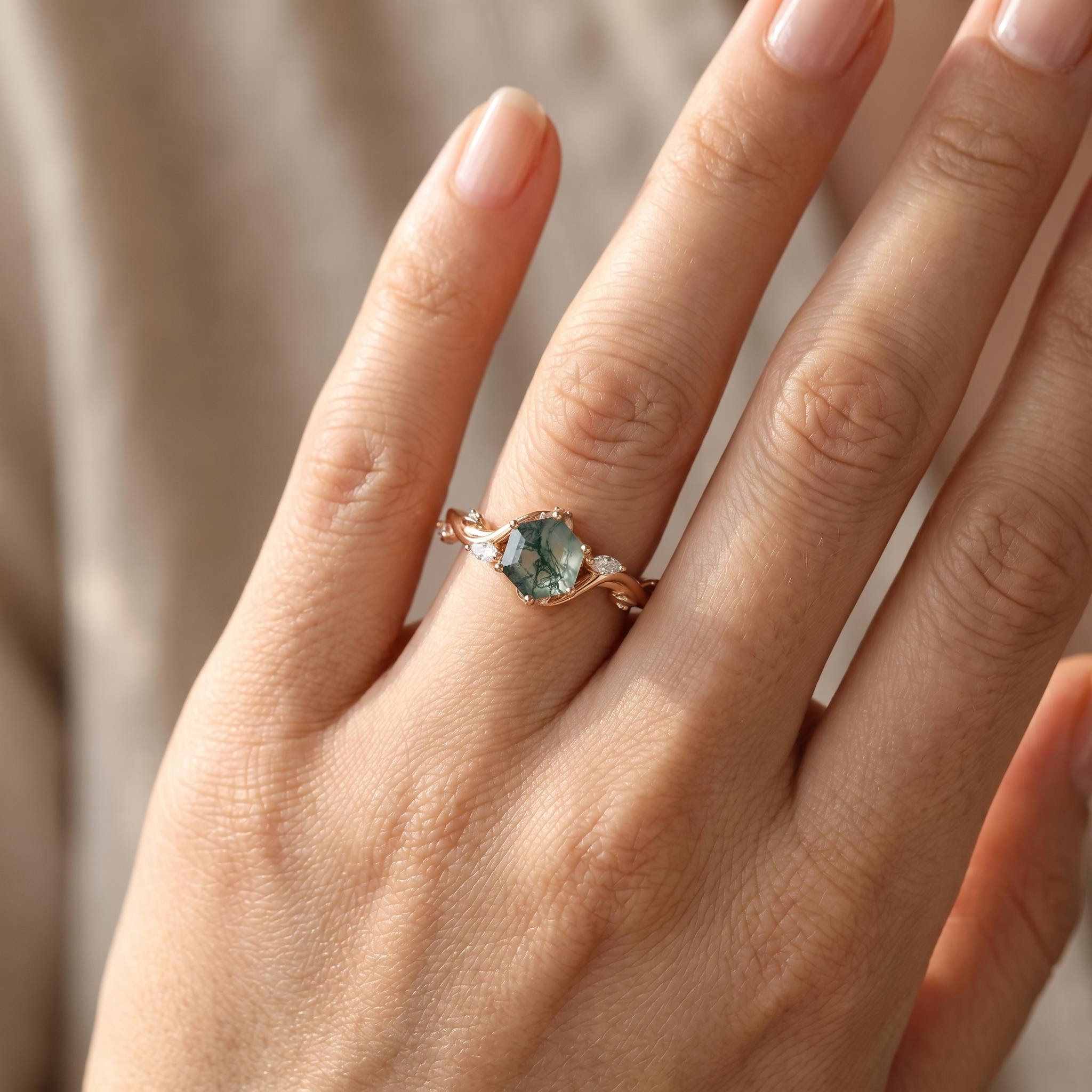 0.66ct. tw. Hexagon Moss Agate & Marquise Moissanite Nature Inspired S925 Silver Engagement Ring 0.66ct. tw. Hexagon Moss Agate & Marquise Moissanite Nature Inspired S925 Silver Engagement Ring