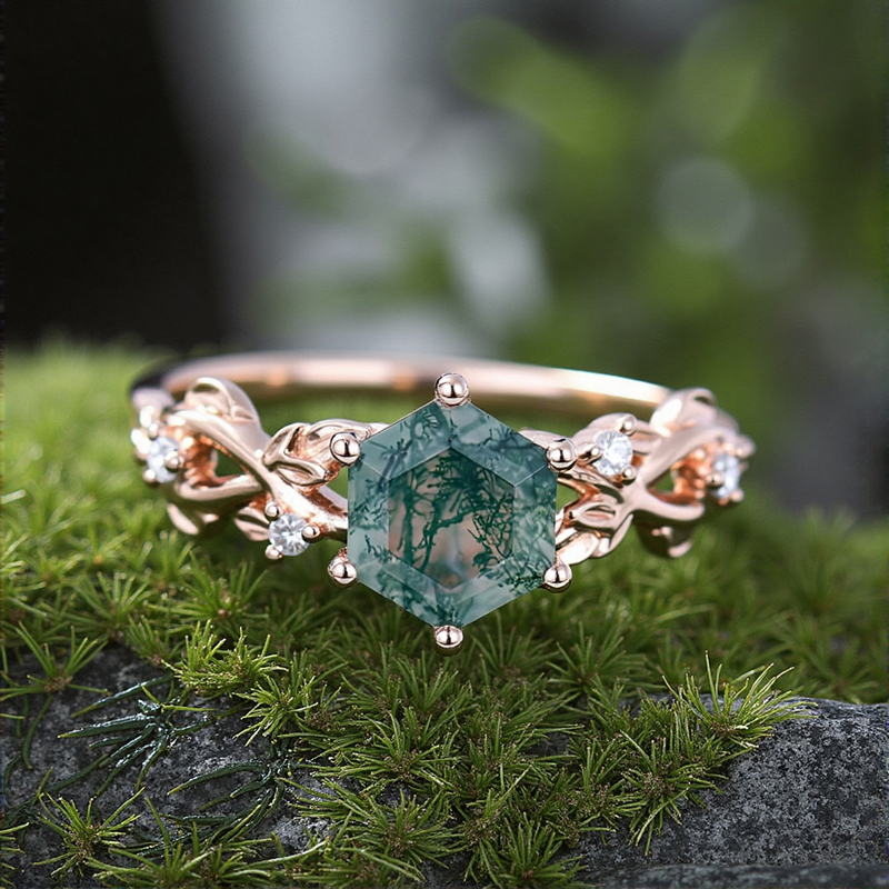 1.06CT Hexagon Moss Agate & Round Cut Moissanite S925 Silver Engagement Ring 1.06CT Hexagon Moss Agate & Round Cut Moissanite S925 Silver Engagement Ring
