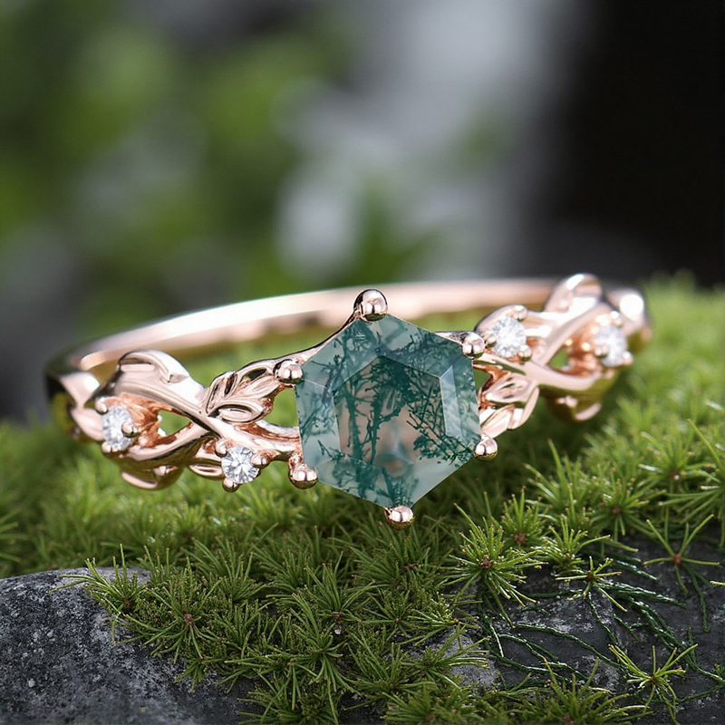 1.06CT Hexagon Moss Agate & Round Cut Moissanite S925 Silver Engagement Ring 1.06CT Hexagon Moss Agate & Round Cut Moissanite S925 Silver Engagement Ring