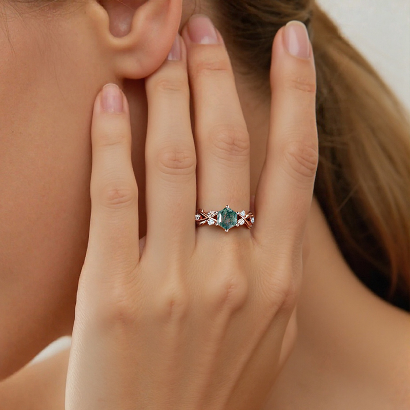 1.06CT Hexagon Moss Agate & Round Cut Moissanite S925 Silver Engagement Ring 1.06CT Hexagon Moss Agate & Round Cut Moissanite S925 Silver Engagement Ring