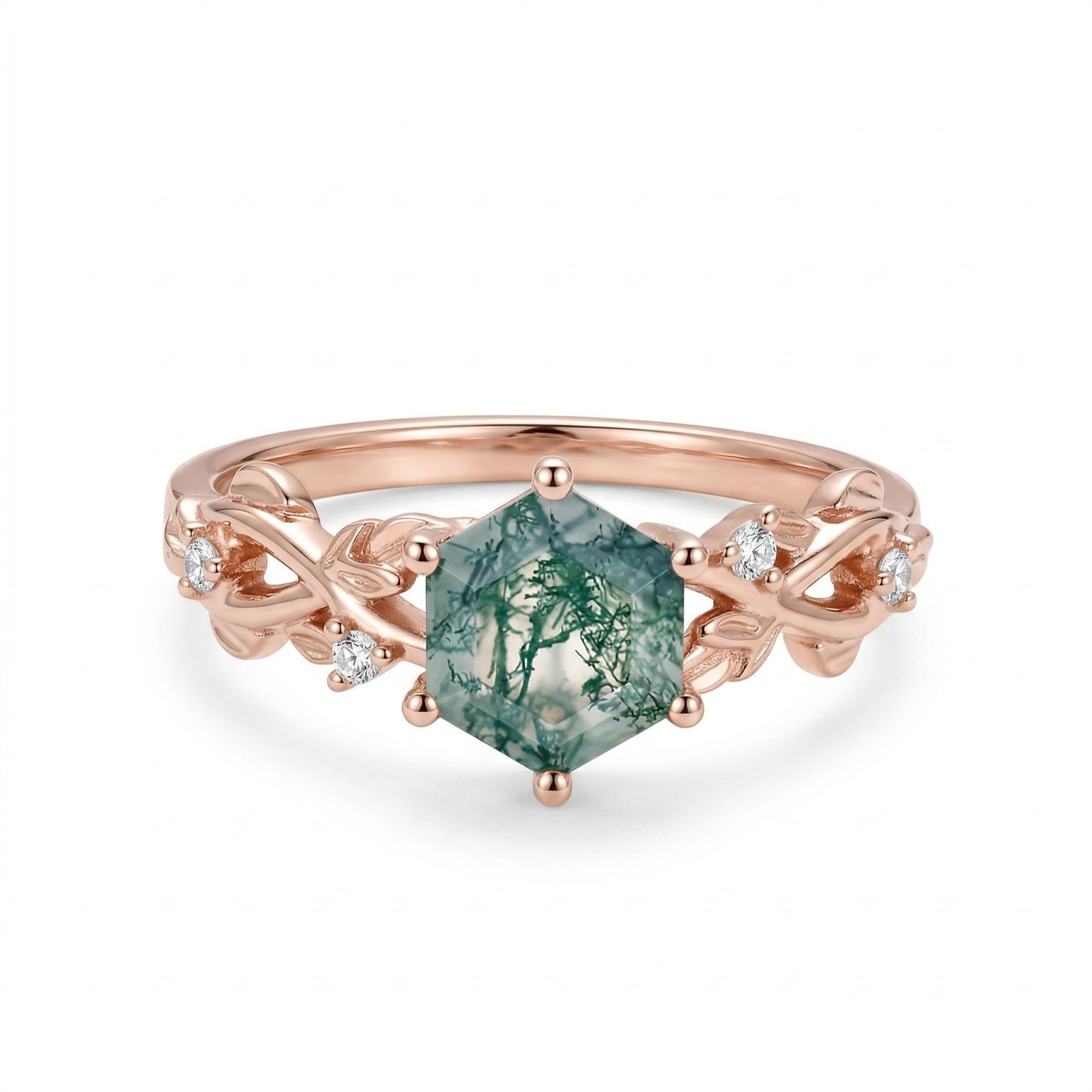 1.06CT Hexagon Moss Agate & Round Cut Moissanite S925 Silver Engagement Ring