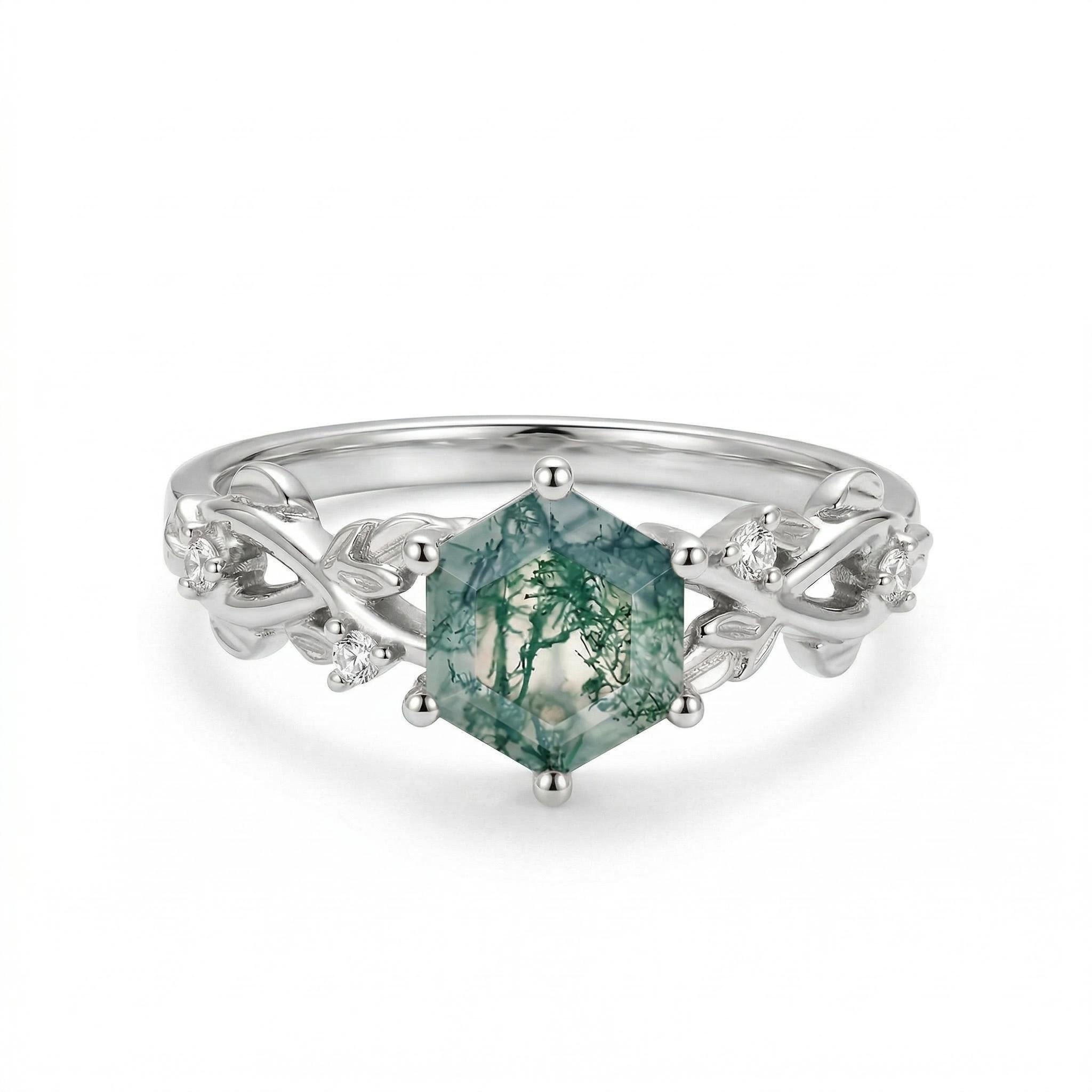 1.06CT Hexagon Moss Agate & Round Cut Moissanite S925 Silver Engagement Ring