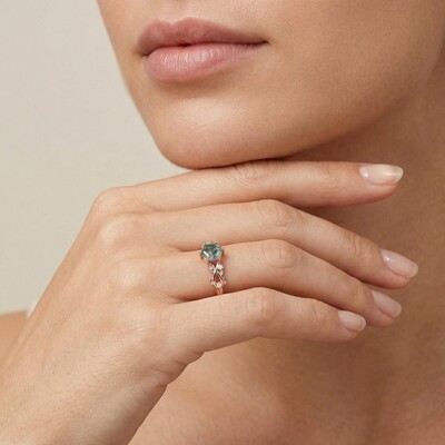 1.06CT Hexagon Moss Agate & Round Cut Moissanite S925 Silver Engagement Ring