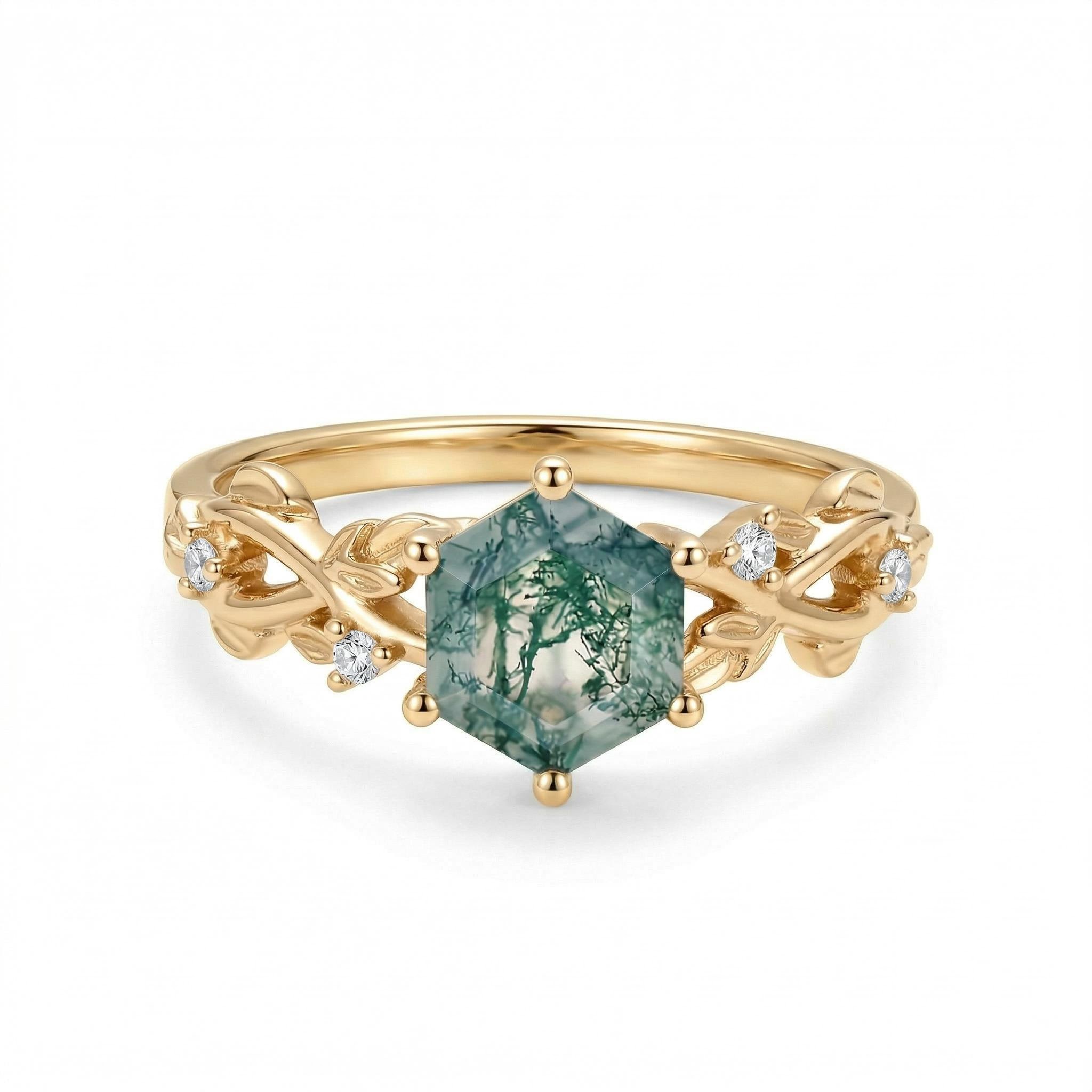 1.06CT Hexagon Moss Agate & Round Cut Moissanite S925 Silver Engagement Ring