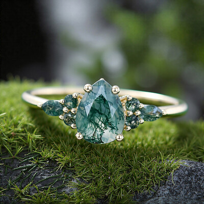 1.38CT Pear & Marquise Cut Moss Agate S925 Silver Engagement Ring