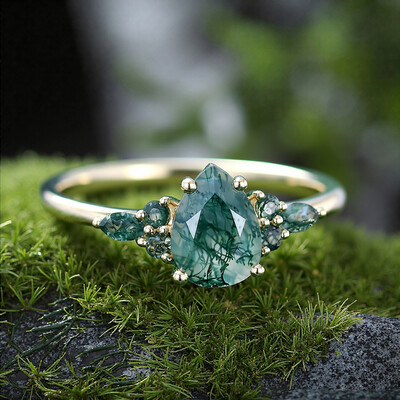 1.38CT Pear & Marquise Cut Moss Agate S925 Silver With Elegant Design Engagement Ring