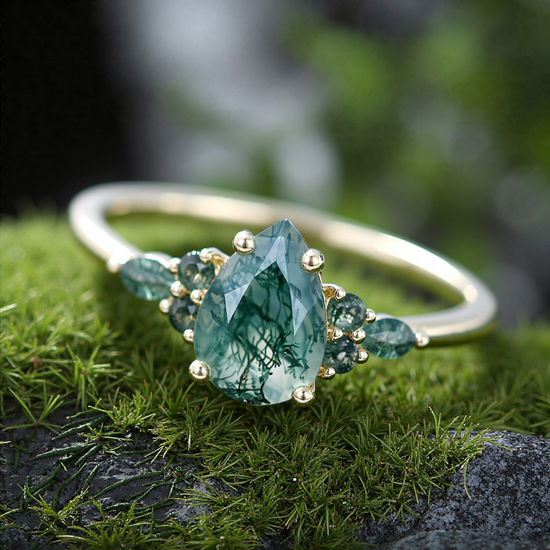 1.38CT Pear & Marquise Cut Moss Agate S925 Silver With Elegant Design Engagement Ring