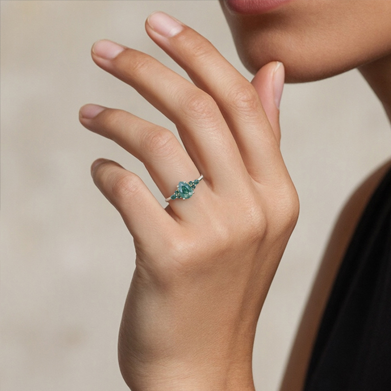 1.38CT Pear & Marquise Cut Moss Agate S925 Silver With Elegant Design Engagement Ring