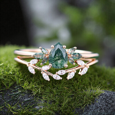 1.586CT Pear & Marquise Cut Moss Agate S925 Silver Engagement Ring Set
