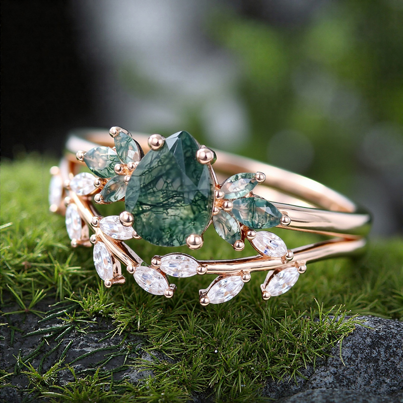 1.586CT Pear & Marquise Cut Moss Agate S925 Silver Nature Inspired Engagement Ring Set