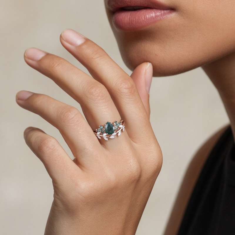 1.586CT Pear & Marquise Cut Moss Agate S925 Silver Nature Inspired Engagement Ring Set