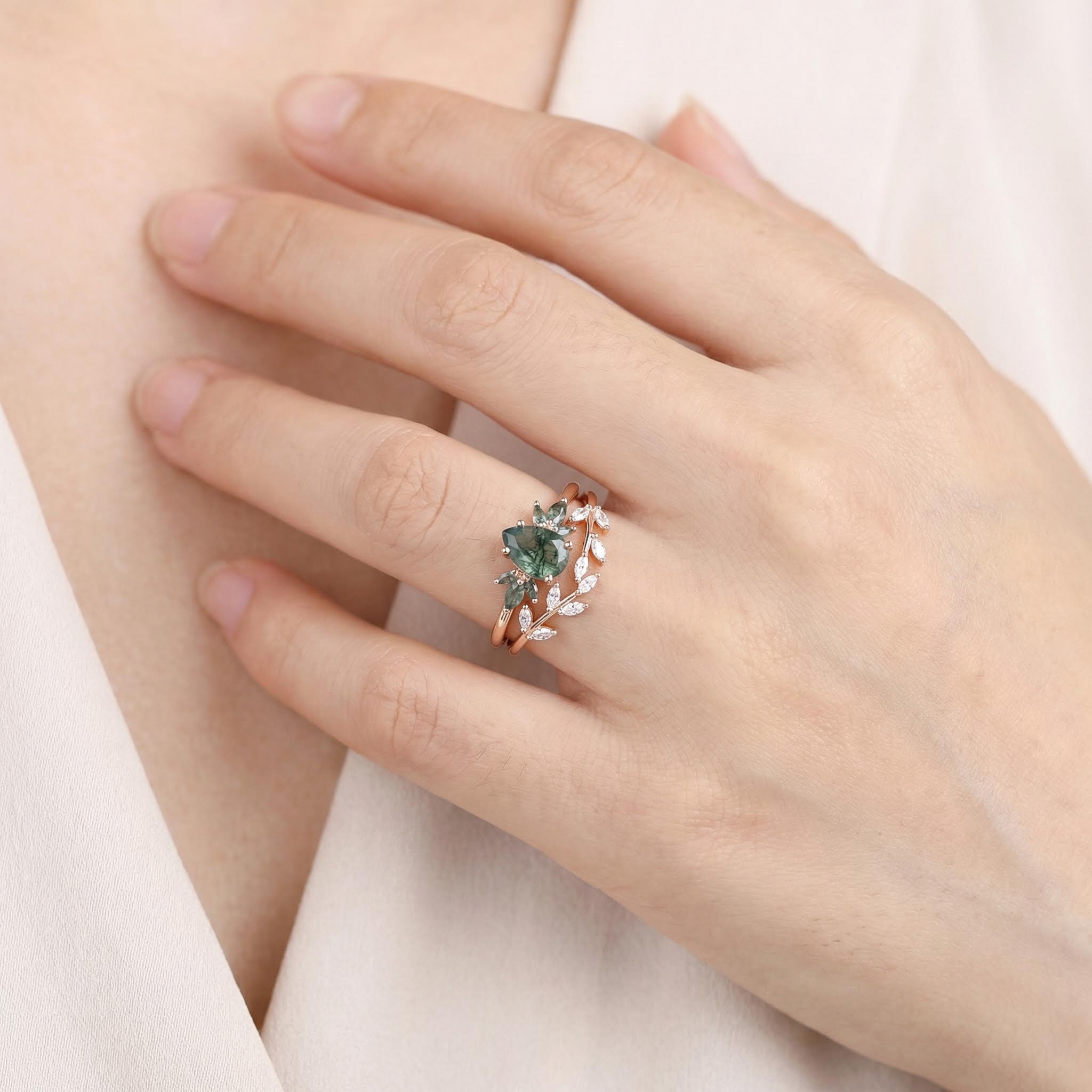 1.586CT Pear & Marquise Cut Moss Agate S925 Silver Nature Inspired Engagement Ring Set