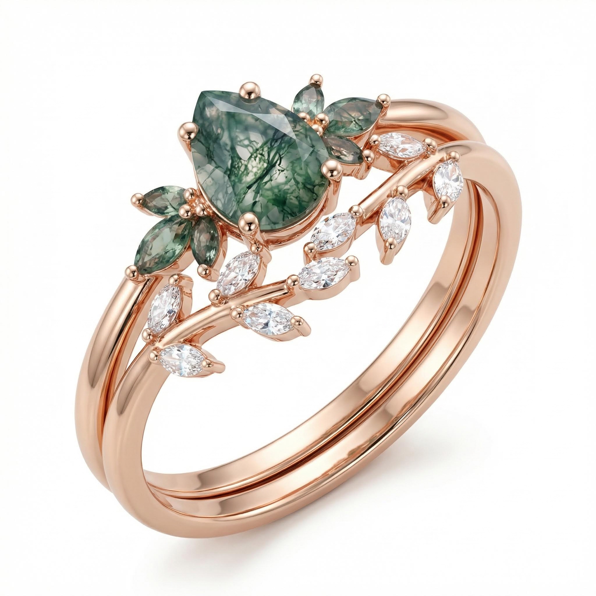 1.586CT Pear & Marquise Cut Moss Agate S925 Silver Nature Inspired Engagement Ring Set