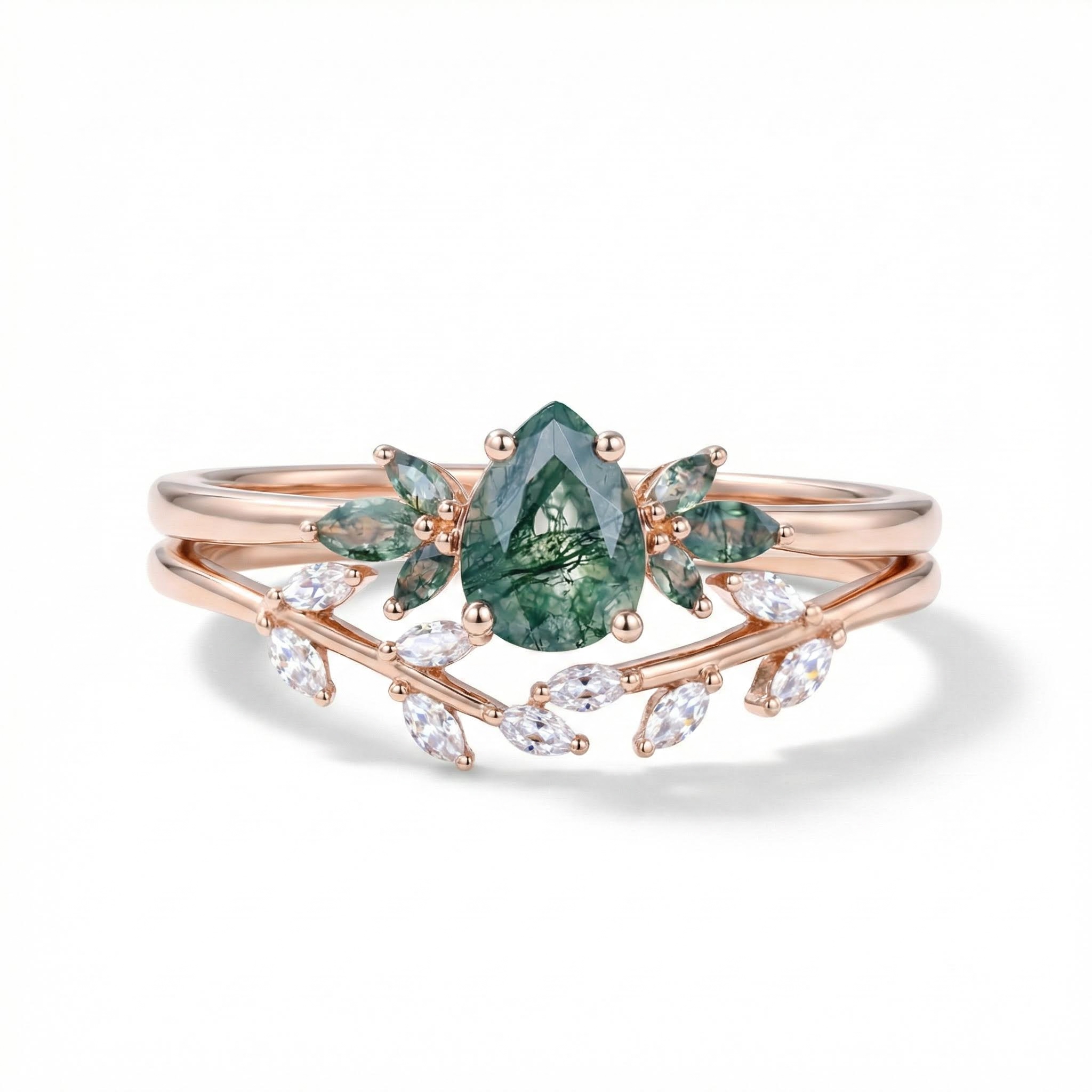 1.586CT Pear & Marquise Cut Moss Agate S925 Silver Nature Inspired Engagement Ring Set