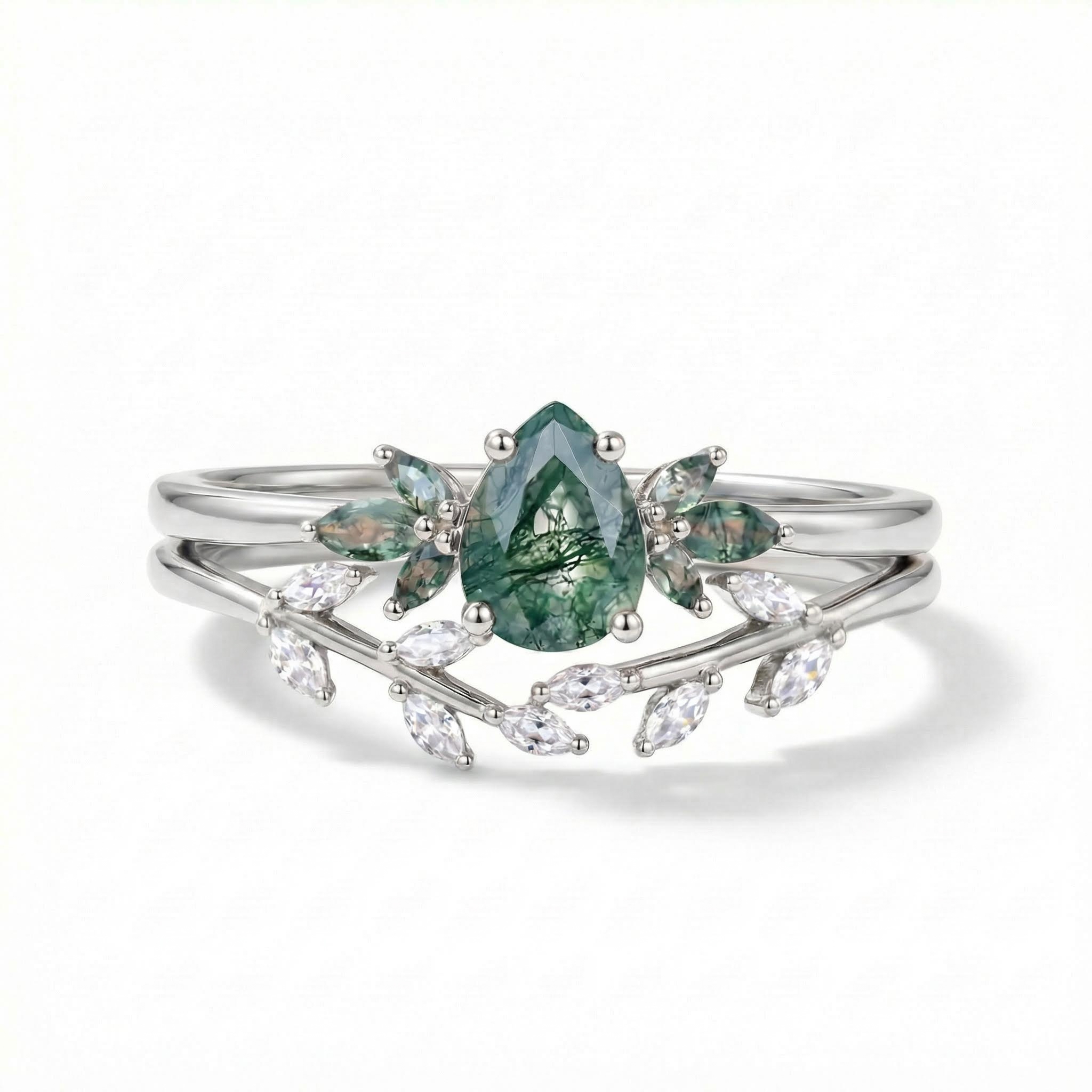 1.586CT Pear & Marquise Cut Moss Agate S925 Silver Nature Inspired Engagement Ring Set