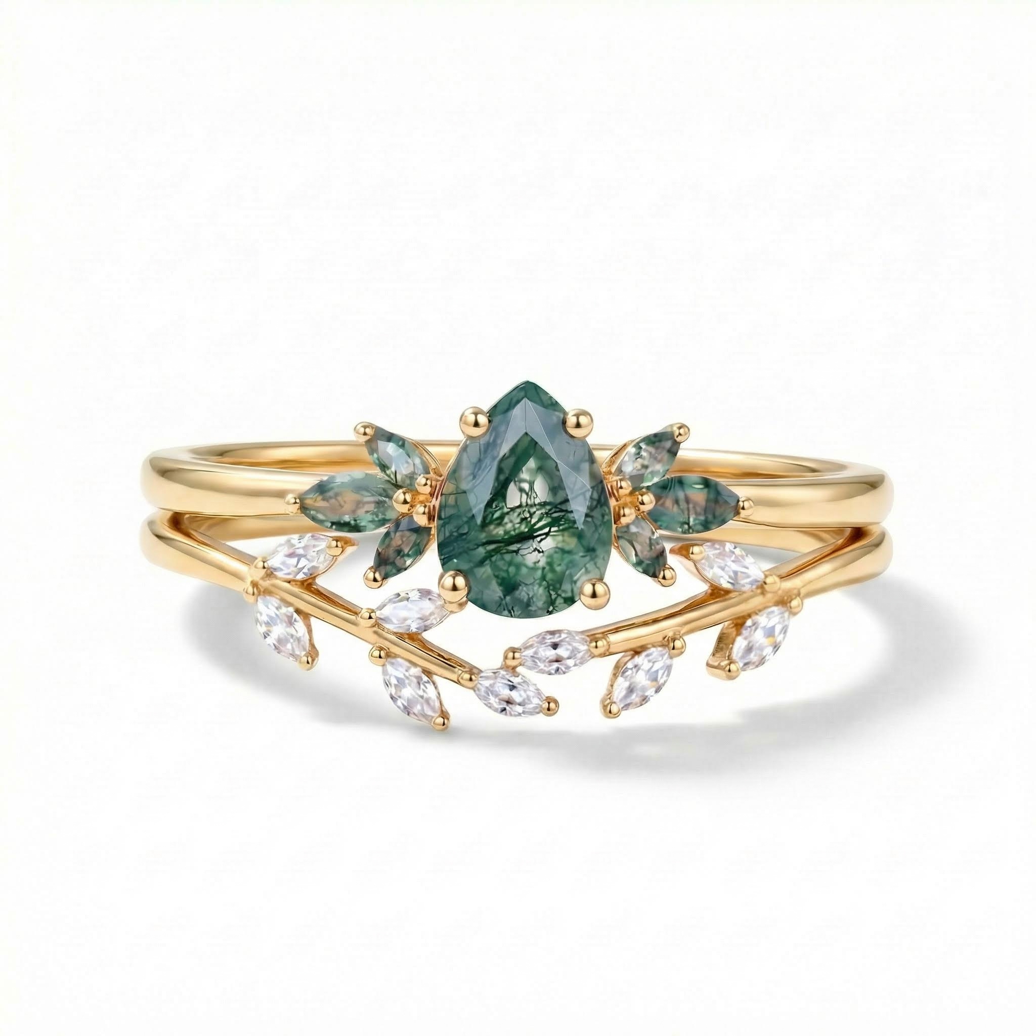 1.586CT Pear & Marquise Cut Moss Agate S925 Silver Nature Inspired Engagement Ring Set